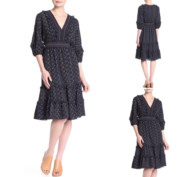 Max Studio Crepe Empire Waist Dress 3/4 Tiered Bubble Sleeves V-Neck Layered - Picture 7 of 13